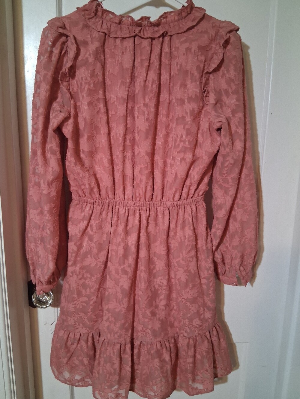 LC Lauren Conrad Pink Textured Long Sleeve Mini Dress Small Ruffle Elastic - Picture 5 of 12